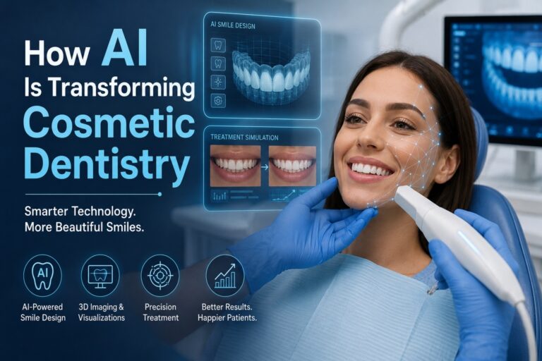 Woman receiving an AI-powered cosmetic dentistry scan at a dental clinic with digital smile design overlays.